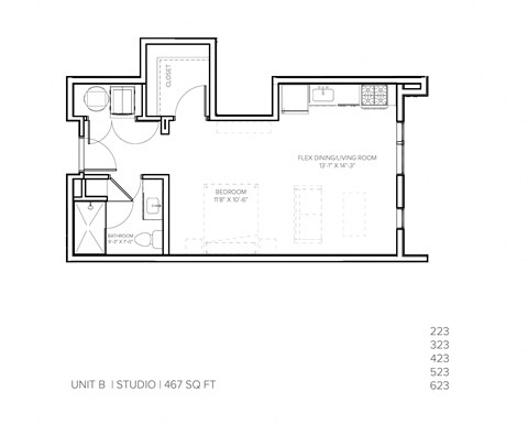Floor plan for studio, 1 bath, 467 sqft